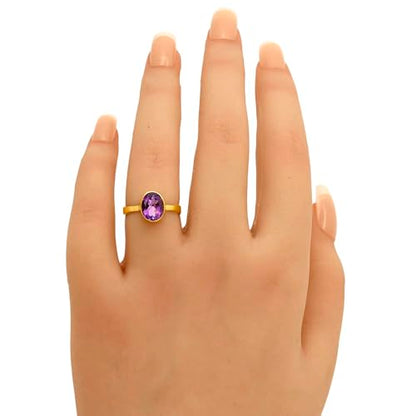 18K Gold Filled Non-Tarnish Ring for Women – Oval Multi Gemstone Solitaire Band – Classic Birthstone Jewelry for Everyday Wear - color: Amethyst