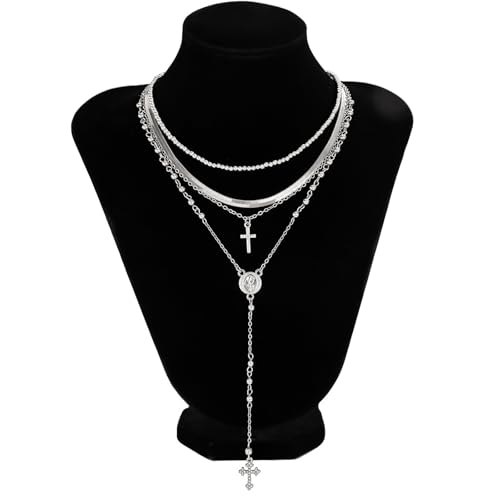 Layered Cross Necklace Set for Women, Layered Choker Necklaces Trendy Jewelry, Colorful Enamel Beaded Y-Shaped Lariat Necklace, Boho Multilayer Cross Necklace for Party and Daily Wear - color: Silver-01