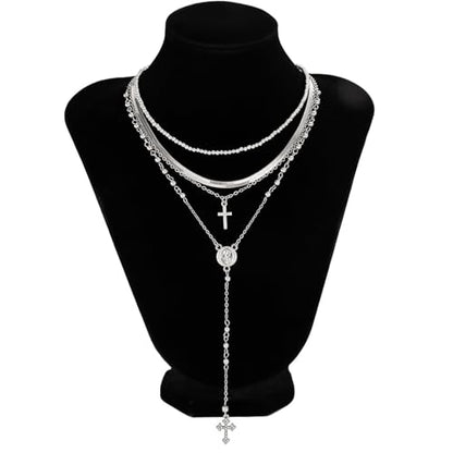 Layered Cross Necklace Set for Women, Layered Choker Necklaces Trendy Jewelry, Colorful Enamel Beaded Y-Shaped Lariat Necklace, Boho Multilayer Cross Necklace for Party and Daily Wear - color: Silver-01