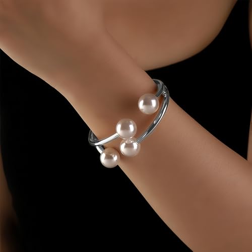 Gold Pearl Hand Cuff Bracelets for Women Chunky Large Pearls Cuffs Statement Bracelet Luxury Big Fake Faux Pearl Ball Handcuffs Jewelry Unique Pearly Gifts - color: Silver
