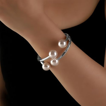 Gold Pearl Hand Cuff Bracelets for Women Chunky Large Pearls Cuffs Statement Bracelet Luxury Big Fake Faux Pearl Ball Handcuffs Jewelry Unique Pearly Gifts - color: Silver