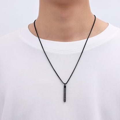 Fiusem Pendant Necklace for Men, Stainless Steel Bar Chain | Silver Tone/14k Gold Plated/Black Mens Pendant Necklaces with 2.5mm Box Chain, Jewelry Gifts 18-28 Inch - color: black, size: 18 Inches, style: Clasp Diamond Rectangle