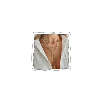 Long Pearl Necklaces for Women Layer Lariat Tie Necklace Adjustable Long Beaded Y Drop Choker Necklacess Bohemian Beach Wedding Party Jewelry Gifts - color: B-Gold