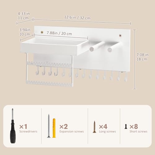 Lolalet Wall Mounted Hanging Jewelry Organizer, 15 Hooks Wooden Necklaces Holder with Storage Shelf, Easy Install Earrings Bracelets Hanger -White - color: White
