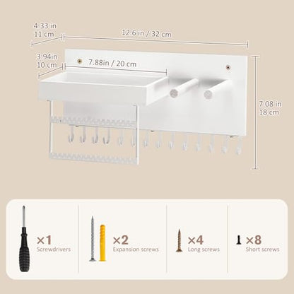 Lolalet Wall Mounted Hanging Jewelry Organizer, 15 Hooks Wooden Necklaces Holder with Storage Shelf, Easy Install Earrings Bracelets Hanger -White - color: White