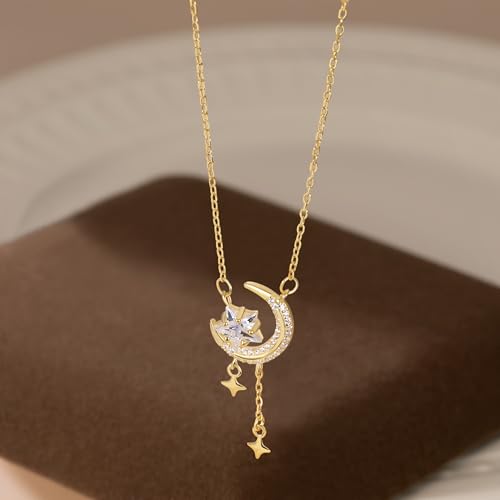 Reffeer Solid 925 Sterling Silver Moon Star Necklace for Women Teen Girls CZ Moon Choker Necklace Dainty Star Pendant Necklace - color: B-Yellow