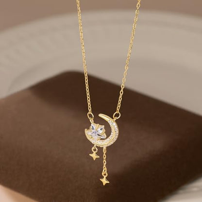 Reffeer Solid 925 Sterling Silver Moon Star Necklace for Women Teen Girls CZ Moon Choker Necklace Dainty Star Pendant Necklace - color: B-Yellow