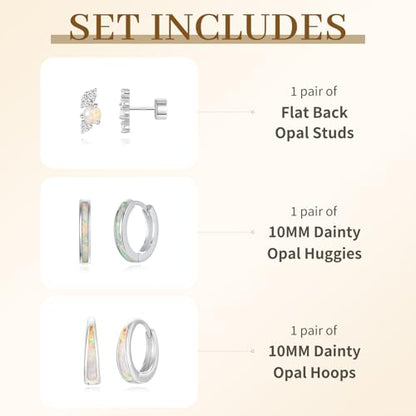 Opal Earrings Set for Women, Birthday Gift for Her, Sterling Silver | 14K Gold Plated, Hypoallergenic S925 Opal Hoop Stud Earrings for Women with Sensitive Ears, Dainty earring Stacks—Trendy Opals Jewelry 2026 - color: Silver Hoop&Flat Studs