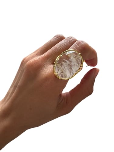 Natural Stone Adjustable Finger Rings Semi Precious Oval Shaped Gemstone Jewelry For Women Anniversary Birthday Wedding Gift - color: White Crystal