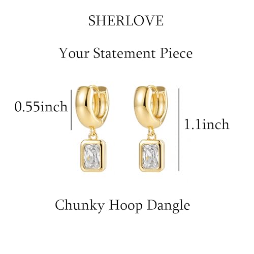 SHERLOVE Chunky Statement Gold Dangle Earrings Women Bezel Cubic Zirconia | 14K Gold Plated Huggie Hoop Drop,Dainty Trendy Elegant Fancy Formal,Hypoallergenic Lightweight Non tarnish,Statement Jewelry - color: Chunky Dangle Rectangle Gold