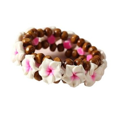 Hawaiian Plumeria Rubra Wooden Beaded Bracelet for Women Boho Polymer Clay Plumeria Flower Stretch Bracelet Summer Beach Jewelry - color: White+Pink