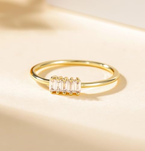 TIGRADE 1.5mm Eternity Ring 14k Gold Plated Stacking Ring Baguette Cubic Zirconia Petite Wedding Band for Women Size 3-12 - color: Gold