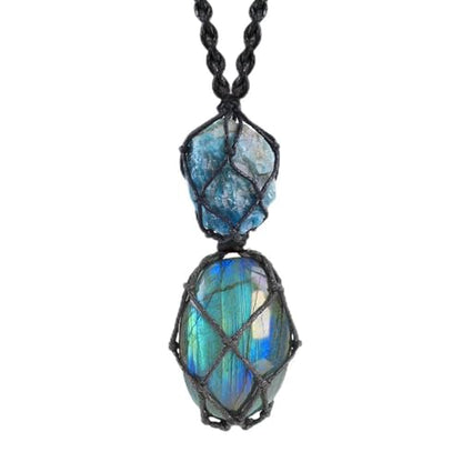 Anjiucc Handmade Crystal Cage Holder with Raw Gemstone Pendant Necklace Natural Stone Healing Crystal Necklace Adjustable Length - color: Labradorite+Blue apatite