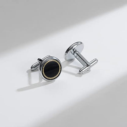 wynameleri Mens Cufflinks and Studs Set Blanks Round 4 Colors Shirt Tuxedo Buttons Packed in Cufflink Box for Business Wedding Jewelry - color: Black