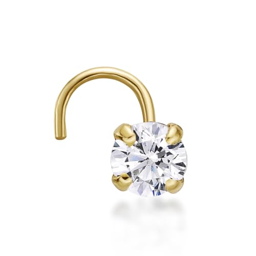 22 Gauge Curved Screw Nose Stud for Women - 14k White or Yellow Gold 3 mm White Cubic Zirconia Nose Ring - CZ Unisex Twist Screw Nostril Piercing Jewelry - 22G Body Piercing for Men