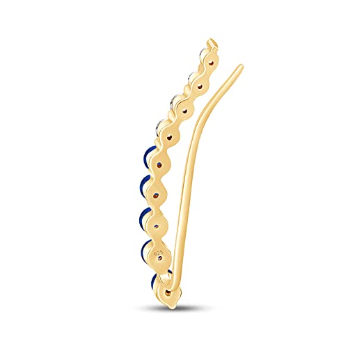 Floating Curved Bar One Piece Left Ear Crawler Earrings With Birthstone | White CZ In 14K Yellow Gold Over Sterling Silver - color: Simulated Blue Sapphire