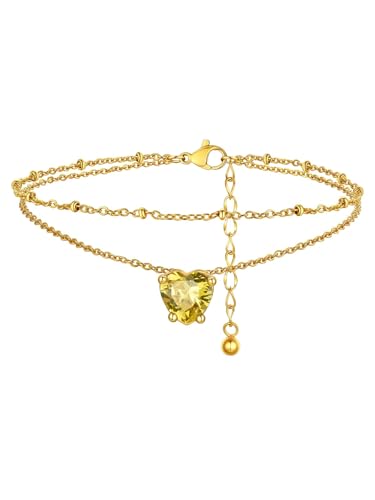 FindChic Bling Heart Birthstone Anklets Layered Beaded Ankle Bracelets for Women Gold/Black/Silver 12 Month Gem Colors Foot Chain Summer Jewelry for Girls, with Gift Box - color: Gold, style: 11. Nov.-Created Yellow Topaz(Prong Setting)