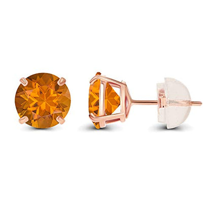 Solid 14K Yellow or White or Rose Gold 6mm Round Genuine Birthstone Gemstone Prong Set Stud Earrings For Women - color: Citrine Madeira