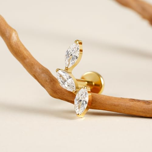FINE4U 16G CZ Cluster Climber Cartilage Earring for Helix, Tragus - ASTM F136 Titanium Triple Marquise Labret Stud, Screw on Nickel Free Flat Back Jewelry - color: Triple Marquise - White CZ - Gold