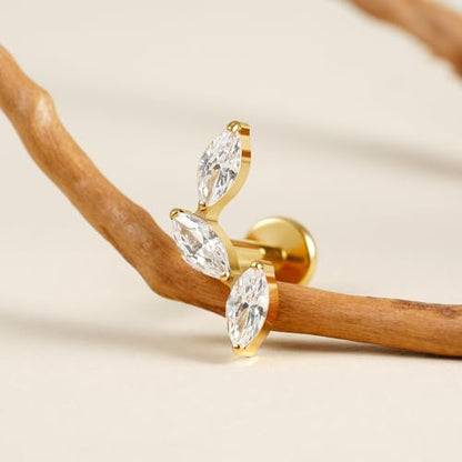 FINE4U 16G CZ Cluster Climber Cartilage Earring for Helix, Tragus - ASTM F136 Titanium Triple Marquise Labret Stud, Screw on Nickel Free Flat Back Jewelry - color: Triple Marquise - White CZ - Gold