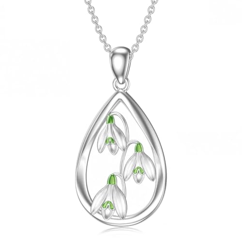 12 Month Birth Flower Necklace for Women 925 Sterling Silver Floral Teardrop Pendant Birthday Jewelry Gifts - color: 01. January Snowdrop