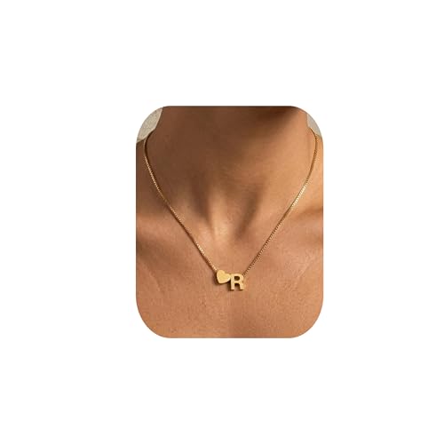 18K Real Gold Plated Heart Initial Necklace for Women-Personalized A-Z Letter Pendant on Durable Stainless Steel Box Chain (16+2.5 inch Adjustable) Hypoallergenic Everyday Jewelry Gift Boxed for Mom Wife - style: Gold:R
