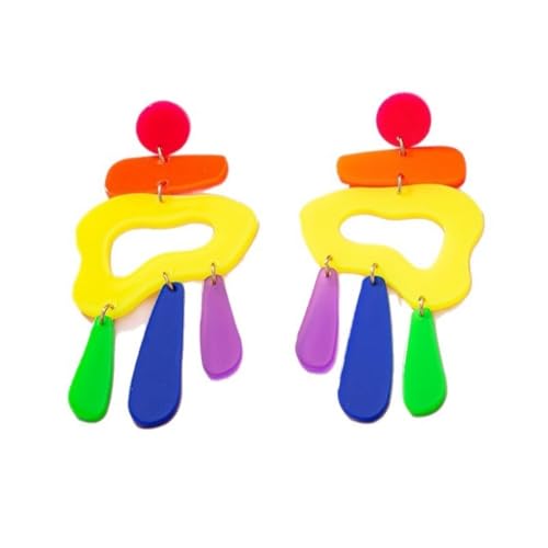 Funny Geometry Retro Colorful Geometric Acrylic Dangle Earrings, 8cm Bold 80s 90s Statement Earrings for Women