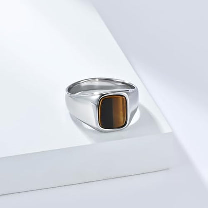 PAMTIER Men's Stainless Steel Gemstone Polished Signet Rings Classic Minimalist Square Cabochon Statement Band Jewelry Gift - color: Silver Yellowish-Brown