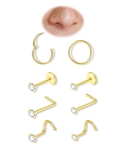 8PCS Titanium Nose Rings Stud, Gold Nose Ring for Women Men Hypoallergenic Nostril Hoops L Shape Nose Studs Corkscrew CZ Nose Piercing Jewelry Silver 18G & 20G Nose Ring Studs 2/2.5/3mm - style: Gold-8pcs nose stud
