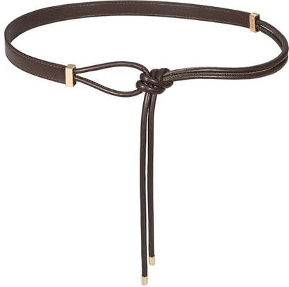 Women's Knotted Thin Waist Belt PU Leather Skinny Belts for Dresses Pants - color: Coffee