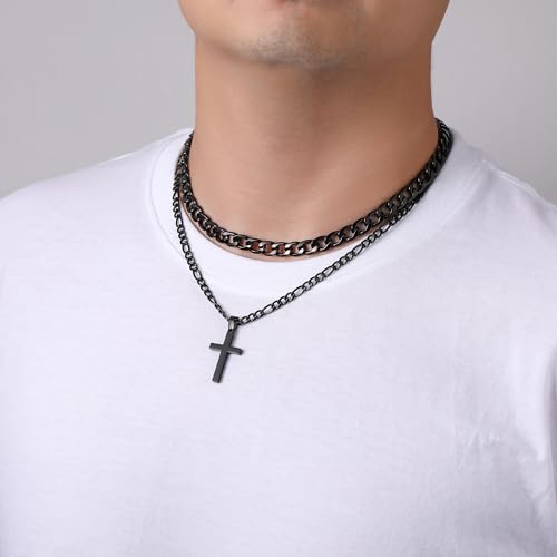 WEDDINEN Cross Necklace for Men Boys, Stainless Steel Layered Cross Pendant Cuban/Figaro Chains Christmas Jewelry Gifts - color: Black, size: 22in/24in