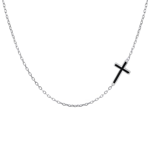 DAOCHONG S925 Sterling Silver Sideways Cross Choker Necklace 14+4 Inch | Adjustable Short Chain Elegant Accessory for Women Minimalist Faith Daily Stacking Jewelry Gift for Her - color: Silver-Black