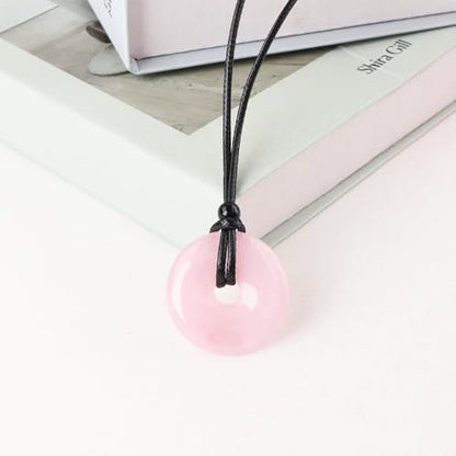 Anjiucc Natural Gemstone Pendant Necklce Lucky Coin Crystal Necklace Donut Pendnat with Adjustable Rope Healing Crystal for Men - color: Rose quartz
