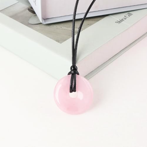 FANASY Natural Gemstone Pendant Necklce Lucky Coin Crystal Necklace Protection Donut Pendnat with Adjustable Rope for Men Women - color: Rose quartz