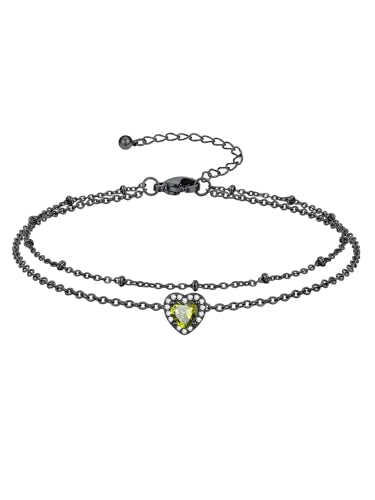 Richsteel Double Layer Heart/Butterfly Birthstone Anklet for Women | Non Tarnish Waterproof, Silver/Gold/Black Stainless Steel 8.5-10.5 Inch Adjustable Chain Anklets Summer Beach Foot Jewelry - color: Black Heart-08 Aug.(Peridot)