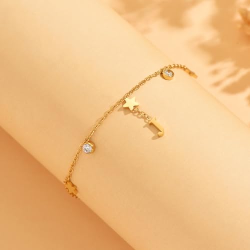 Initial Anklet for Women, 18K Gold Plated Waterproof Ankle Bracelet, Star CZ Letter A-Z Personalized Beach Foot Jewelry - color: J