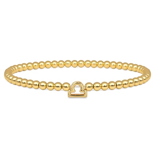 Gold 12 Constellations Bracelets for Women, 18K Gold Plated Beaded Stretch Bubble Bracelets Charm Jewelry Bracelet Gifts for Birthday Mother's Day Valentines Christmas - color: Libra