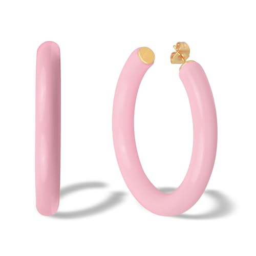 Gold Plated Multicolor Resin Chunky Thick Open Hoop Earrings in 57MM and 37.5MM Diameters - color: Pink - Pastel - Glossy Finish, size: 57MM (2.24") Diameter