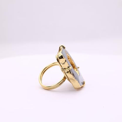 Ring Geode Druzy Slice Unique And Stylish Statement Gold Plated Jewelry Natural Gemstone Stone size 25-35 mm Approximately Adjustable Shank US Scale Size 6-9 - color: Gray, 5