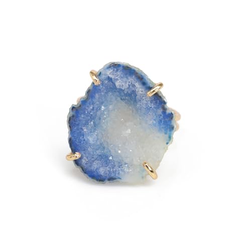 Elegant Geode Druzy Gemstone Statement Ring for Women, Adjustable Ring, Gold Plated Stone Size 20-25mm - color: Blue, style: 1