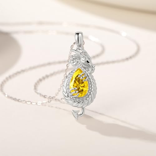 Dragon Necklace Sterling Silver Wyvern Pendant Jewelry with Teardrop Birthstone Gifs for Women - style: Dragon necklace-Citrine stone