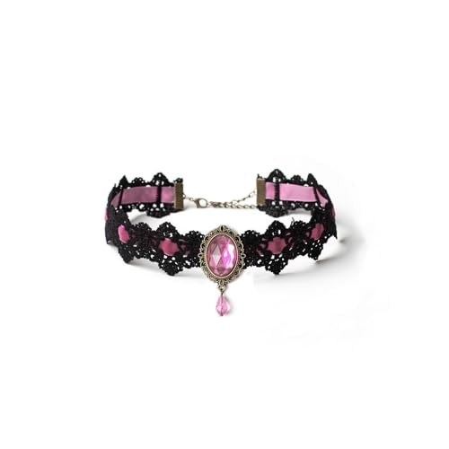 Gothic Lace Choker Vampire Necklace for Women,Black Lace Red Crystal Pendant Necklaces for Halloween,Goth Black Necklace Jewelry Witch Costume Vampire Accessories - style: Style Pink
