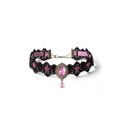 Gothic Lace Choker Vampire Necklace for Women,Black Lace Red Crystal Pendant Necklaces for Halloween,Goth Black Necklace Jewelry Witch Costume Vampire Accessories - style: Style Pink