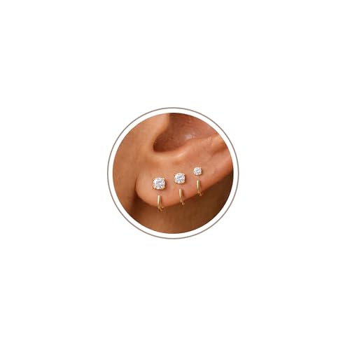 Freekiss 3 Pairs Backless Half Hoop Earrings Set for Women | 14K Gold Plated CZ Stay Close Hoop Earrings, Hypoallergenic Huggie Stackable Earring for Everyday & Sleep Wear Jewelry Gift - color: Round CZ-GD
