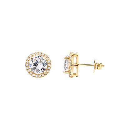 PAVOI 14K Gold Plated 925 Sterling Silver Post Brilliant Round Faux Diamond Halo Earrings - Premium Cubic Zirconia - style: 9.5mm Round