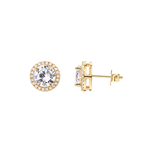PAVOI 14K Gold Plated 925 Sterling Silver Post Brilliant Round Faux Diamond Halo Earrings - Premium Cubic Zirconia - style: 9.5mm Round