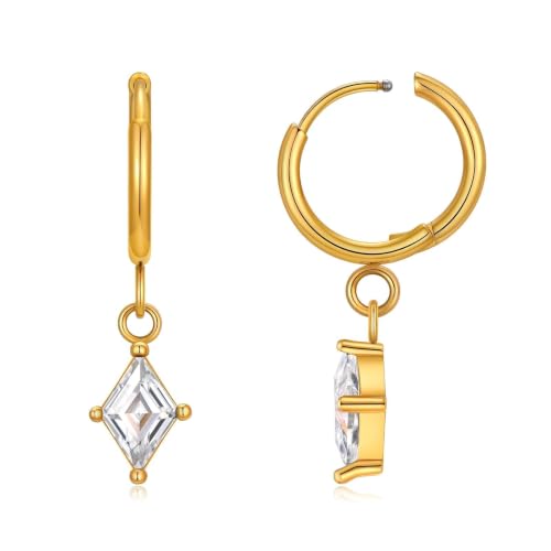 Surgical Steel Hoop Earrings for Women - Hypoallergenic Small Cartilage Huggies with Cubic Zirconia Dangle - color: Clear CZ-18K Gold Plated