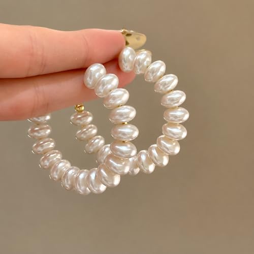 Pearl Hoop Dangle Earrings for Women, White Petal Statement Earrings, Floral Drop Earrings, Lightweight Elegant Wedding Vacation Party Jewelry - color: A0028-style B