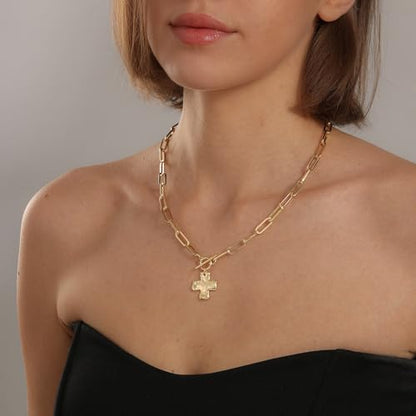 Bheop Chunky Cross Necklace for Women, 14K Gold Silver Statement Necklace | Sturdy Paperclip Chain, Hammered Pendant, Vintage Charm, Trendy Costume Jewelry, Faith Christian Religious Gift, Non Tarnish - style: GD-Toggle Necklace(0.8 inch Pendant)