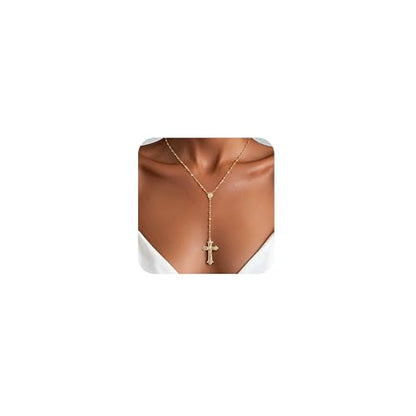 CHESKY Lariat Necklace for Women，14k Gold/Sliver Plated Layered Necklace | Gold/Sliver Long Necklace，Dainty Cross Pendant, Wedding Y-Shaped Drop Chain, Waterproof Jewelry Gift for Women Everyday Wear - style: Crossbead